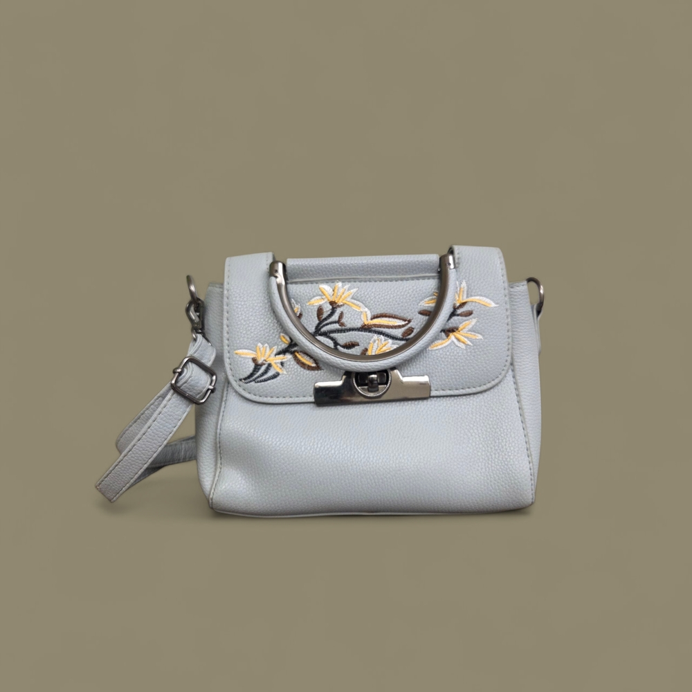 Elegant Gray Blue Embroidered Handbag
